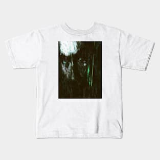 Special processing. Consciousness, king, emerging from dark water. Serious men's face, around waves. Green. Like steel. Kids T-Shirt